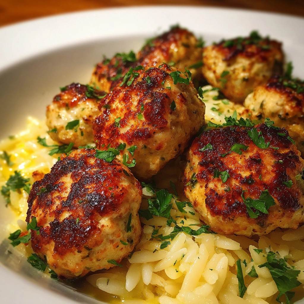 Greek Chicken Meatballs with Zesty Lemon Orzo