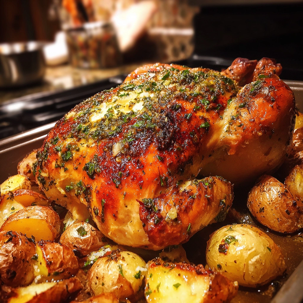Herb Butter Roast Chicken with Garlic Potatoes