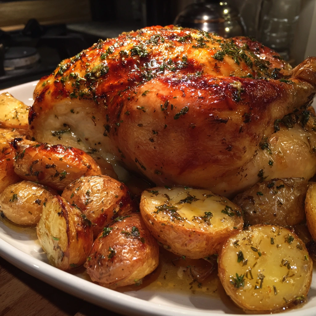 Herb Butter Roast Chicken with Garlic Potatoes