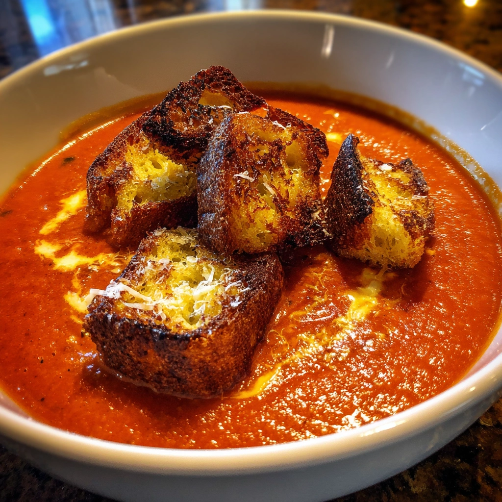 Roasted Tomato Basil Soup with Parmesan Croutons