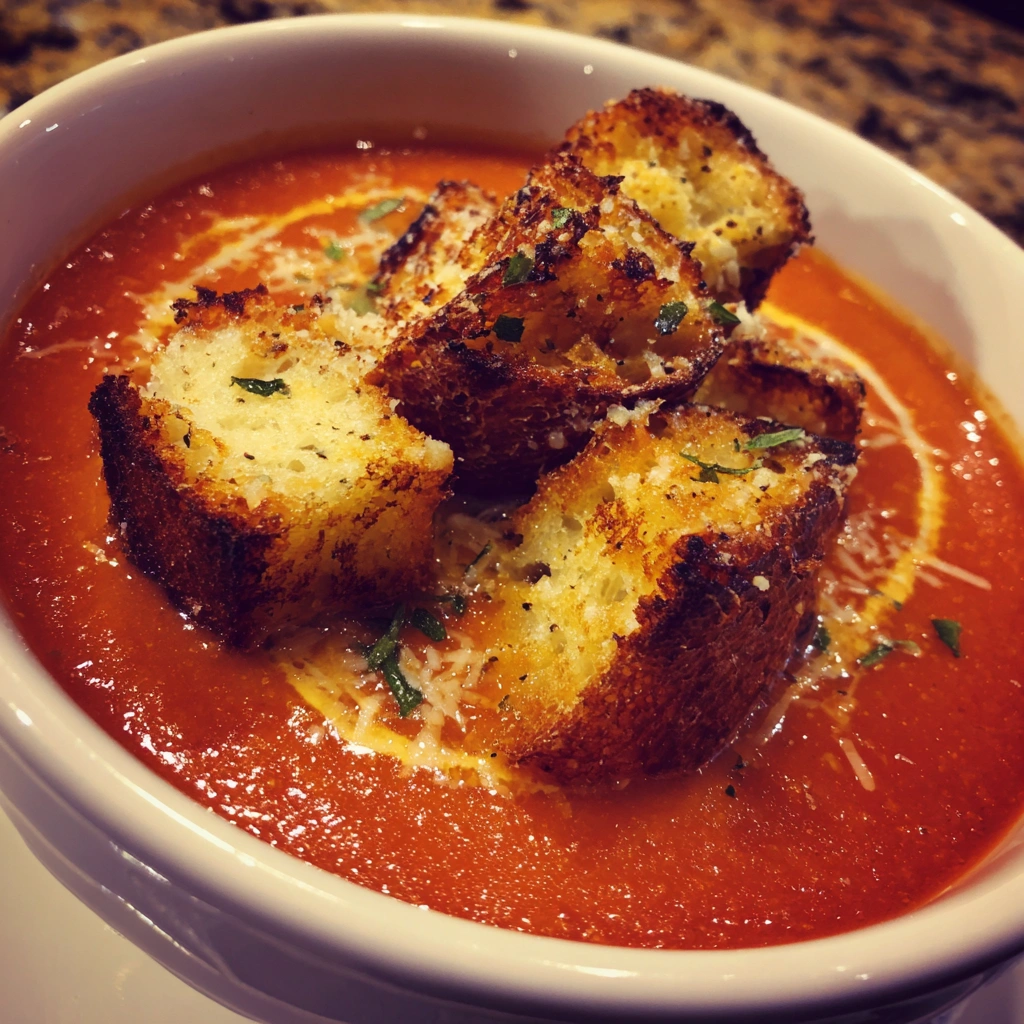 Roasted Tomato Basil Soup with Parmesan Croutons