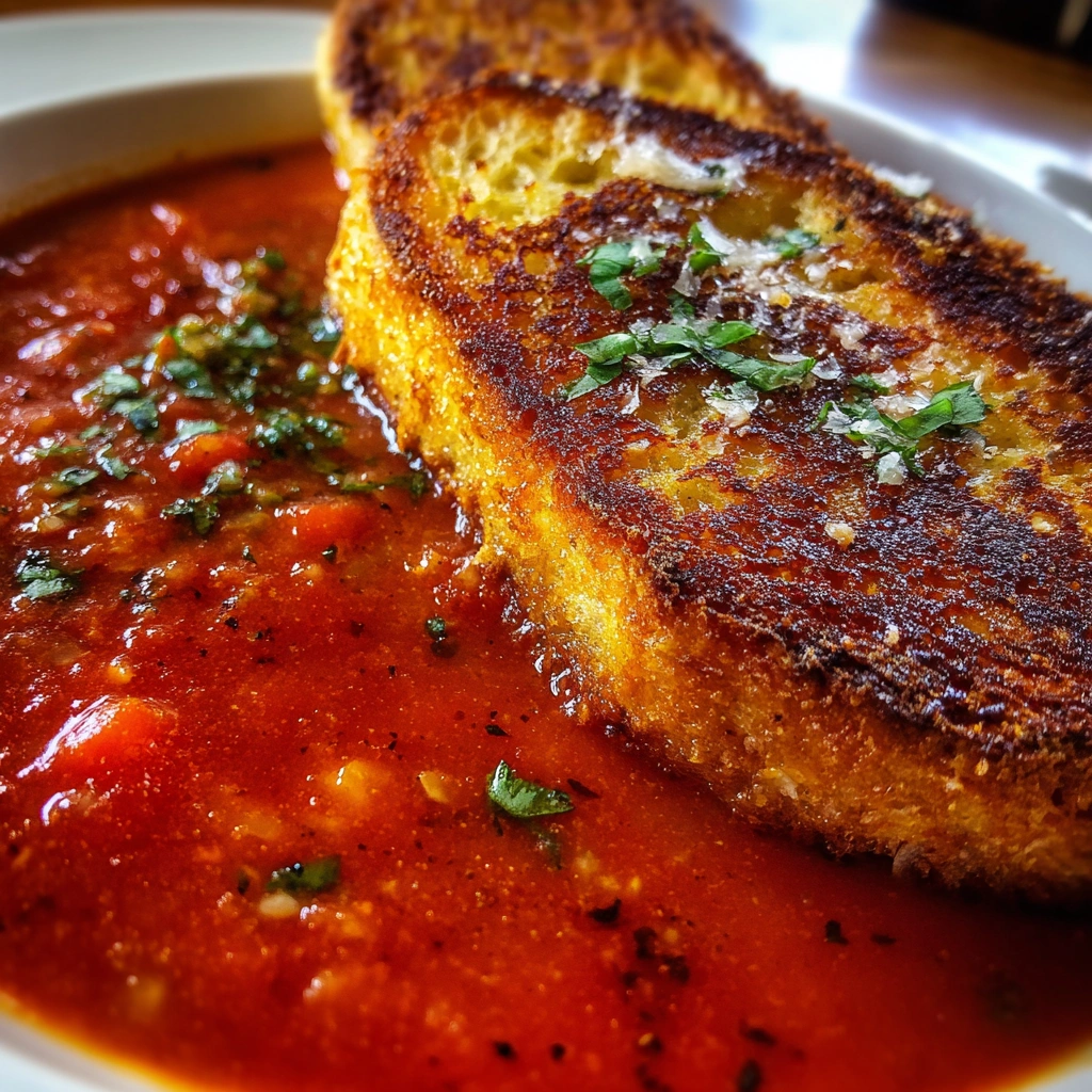 Roasted Tomato Basil Soup with Parmesan Toast