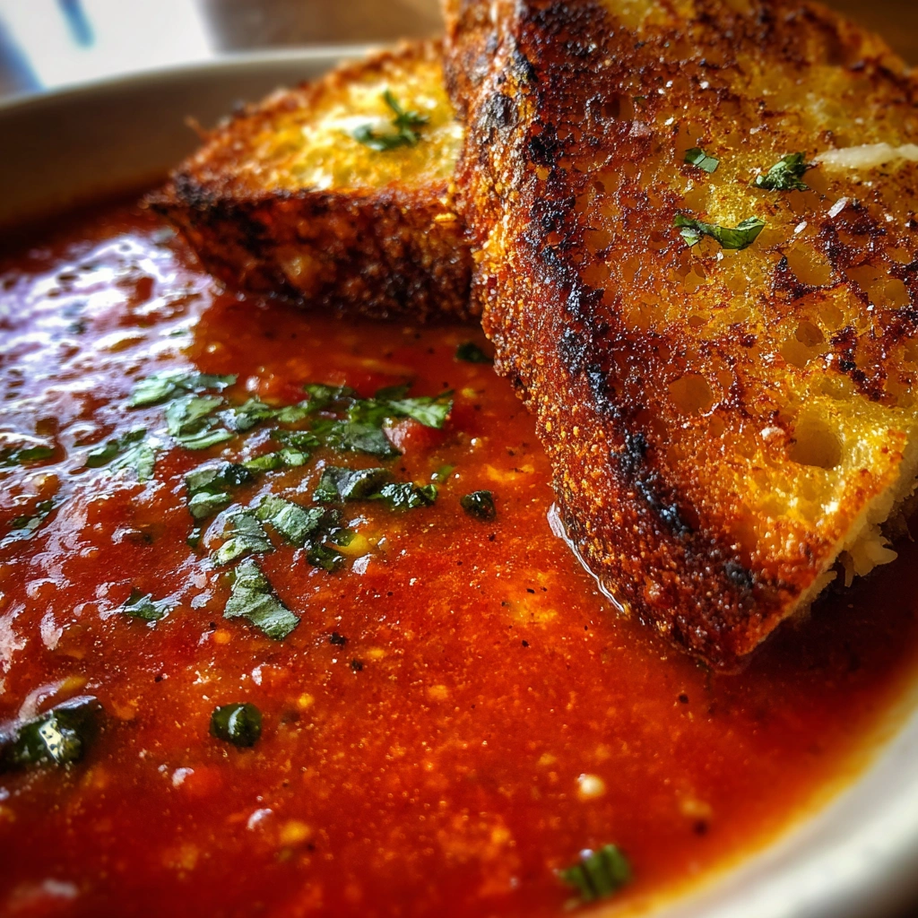 Roasted Tomato Basil Soup with Parmesan Toast