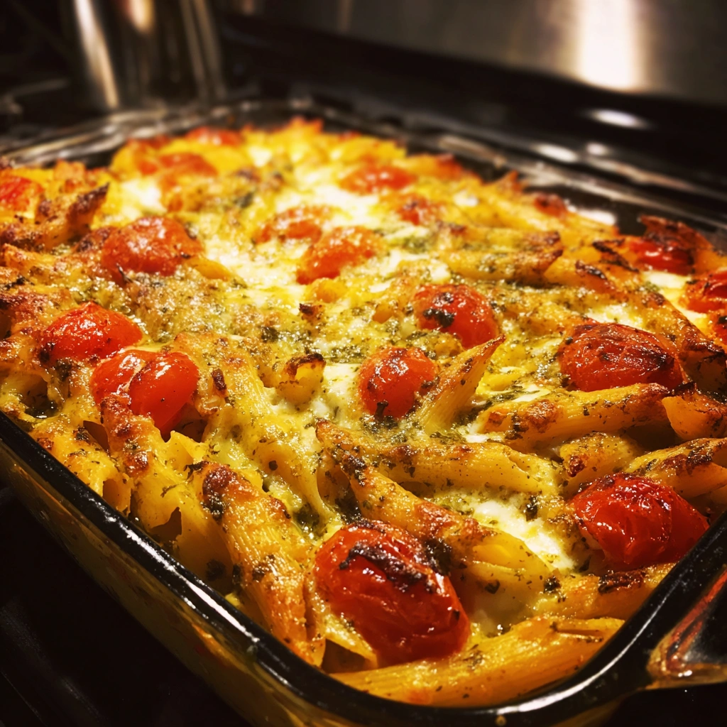 Savory Pesto Caprese Pasta Bake