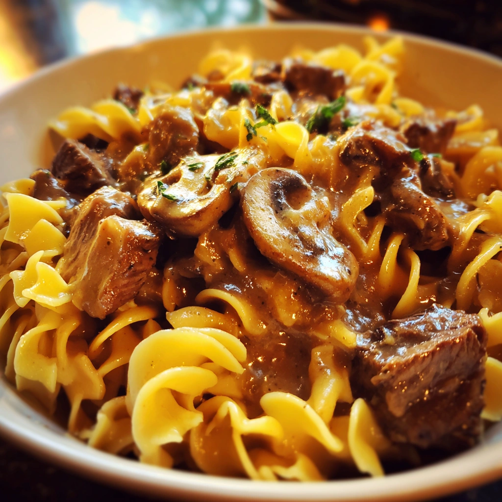 Slow Cooker Beef Stroganoff with Egg Noodles