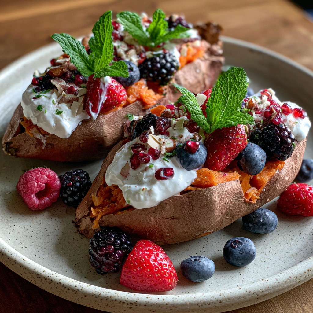 Stuffed Breakfast Sweet Potatoes with Yogurt and Berries