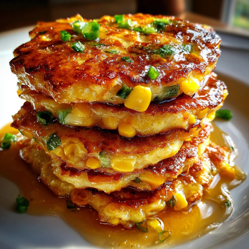 Sweet Corn Fritter Breakfast Stack with Maple Drizzle