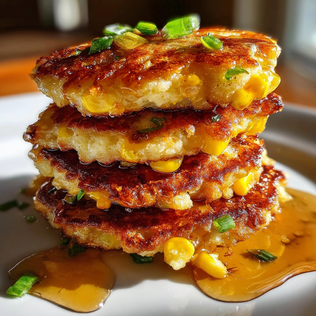 Sweet Corn Fritter Breakfast Stack with Maple Drizzle