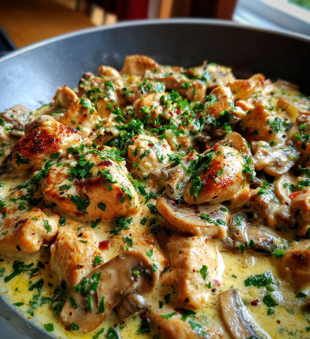 Chicken And Mushroom Skillet In A Creamy Asiago And Mustard Sauce