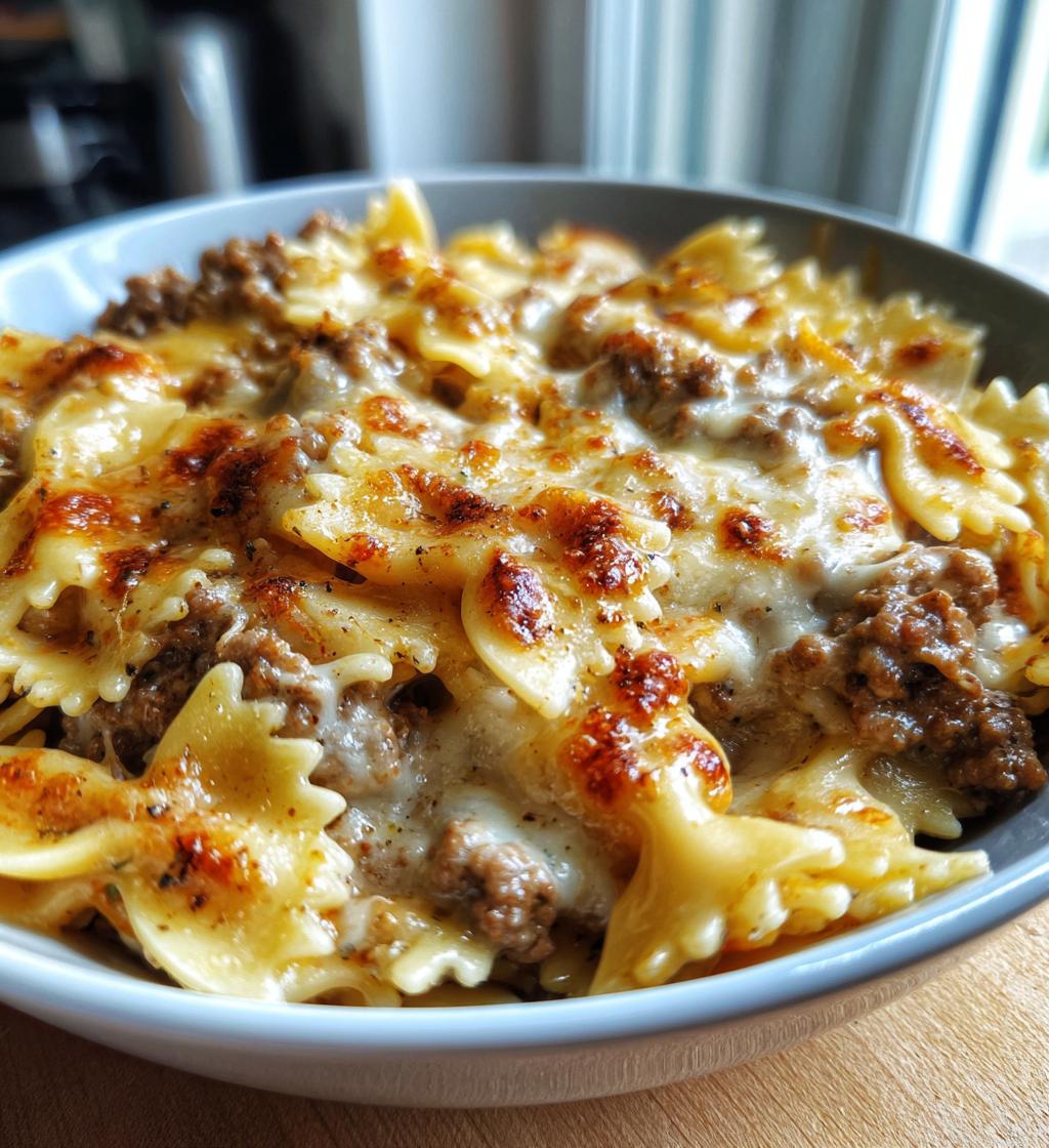Creamy Parmesan Garlic Beef Bowtie Pasta Bake