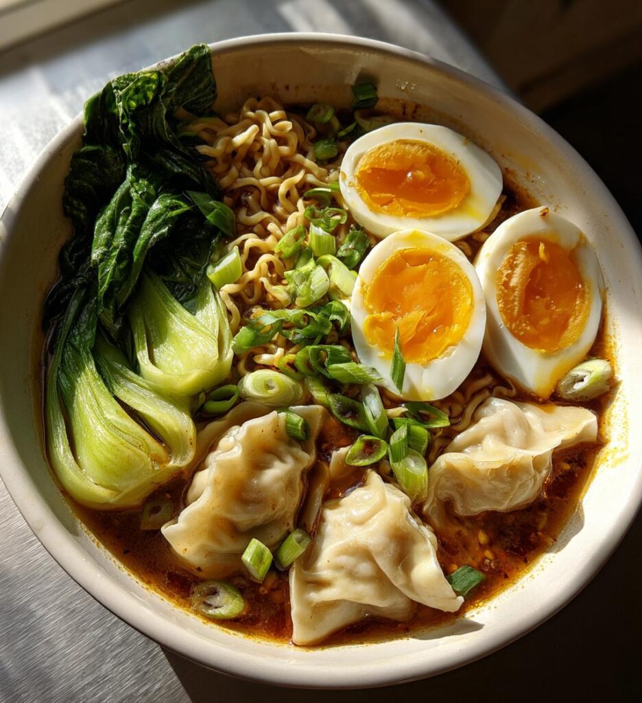 Dumpling Ramen Bowl with Soft-Boiled Eggs