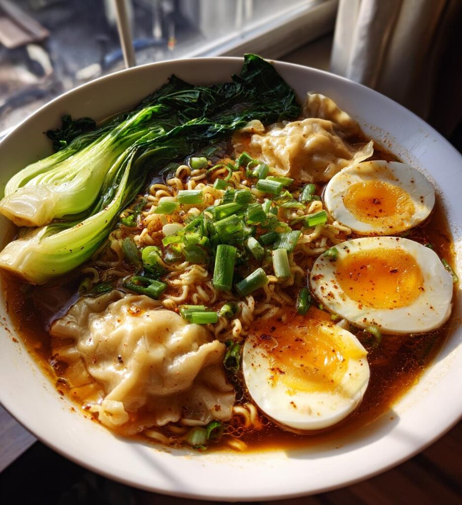 Dumpling Ramen Bowl with Soft-Boiled Eggs