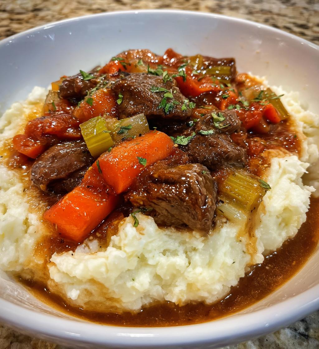 Fall Apple Cider Stew over Mashed Potatoes