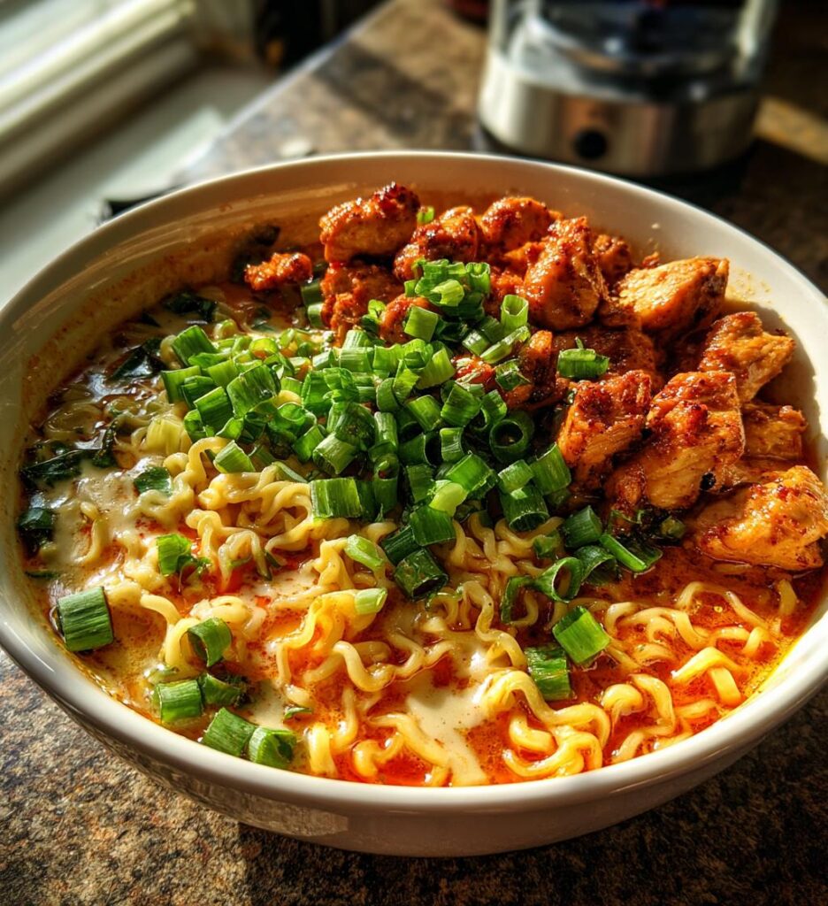 Fiery Chicken Ramen with Creamy Garlic Sauce
