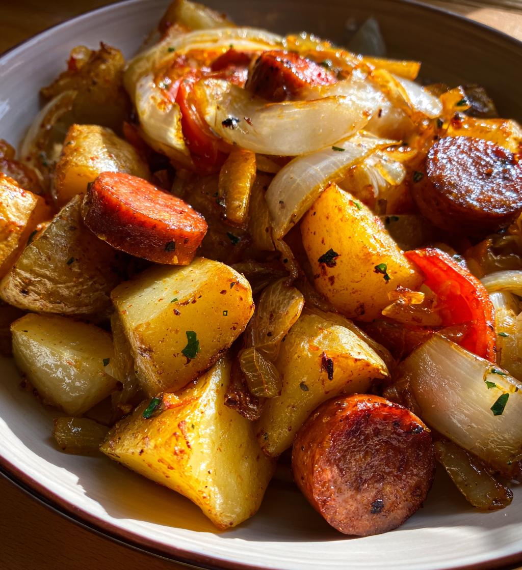 Fried Potatoes With Onions And Smoked Polish Sausage - detail 1