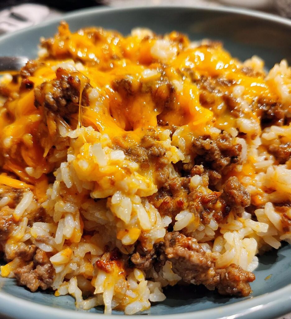 Garlic Butter Beef and Rice Skillet with Cheddar Parmesan Sauce