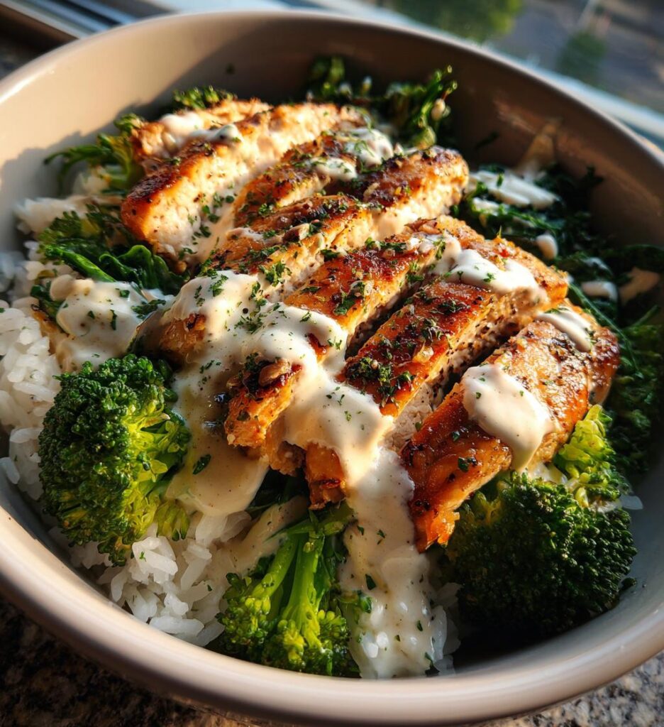 Grilled Chicken & Broccoli Bowls with Creamy Garlic Sauce