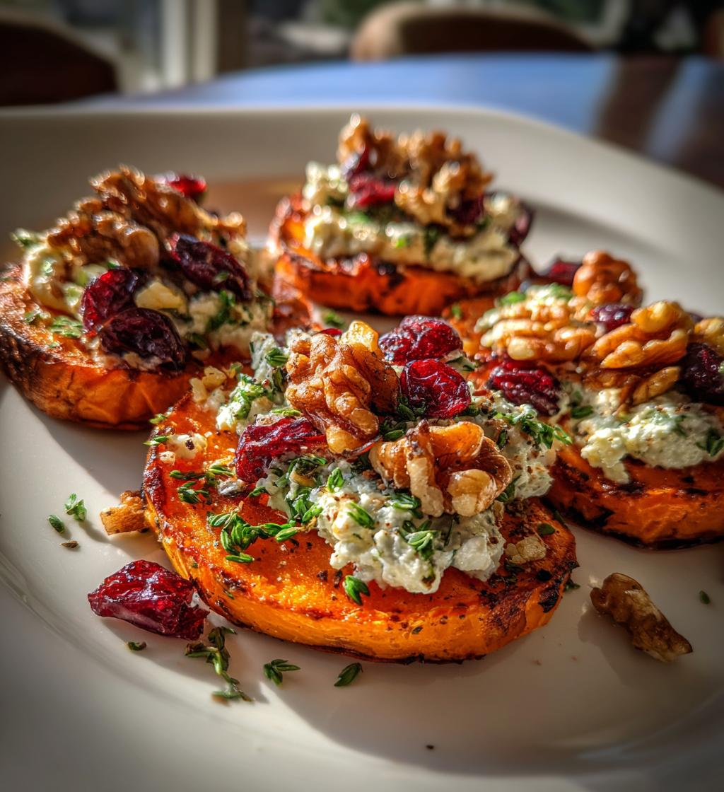 Roasted Sweet Potato Rounds With Herbed Ricotta Walnuts And Cranberries - detail 1