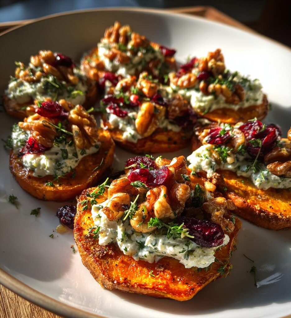 Roasted Sweet Potato Rounds With Herbed Ricotta Walnuts And Cranberries
