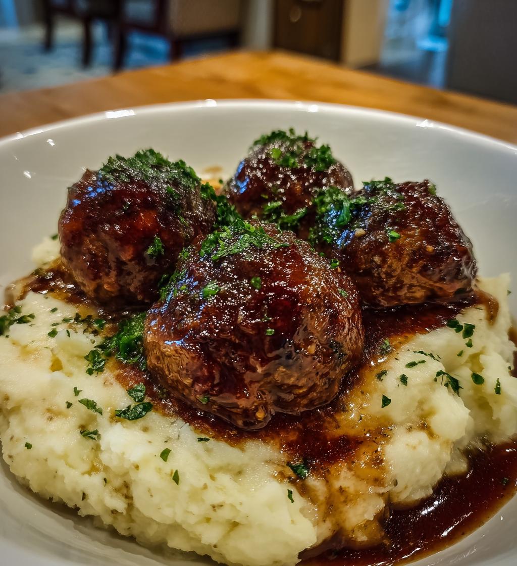 Salisbury Steak Meatballs with Garlic Herb Mashed Potatoes