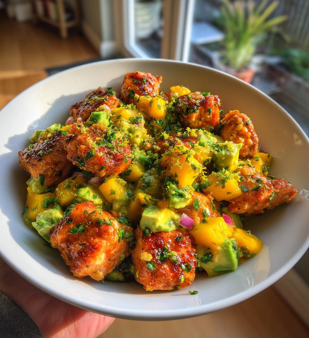 Salmon Bites With Creamy Mango Avocado Salsa And Lime Zest Bowl - detail 1