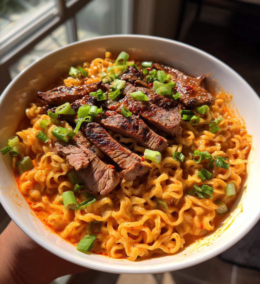 Spicy Korean Ramen with Grilled Beef & Creamy Sauce
