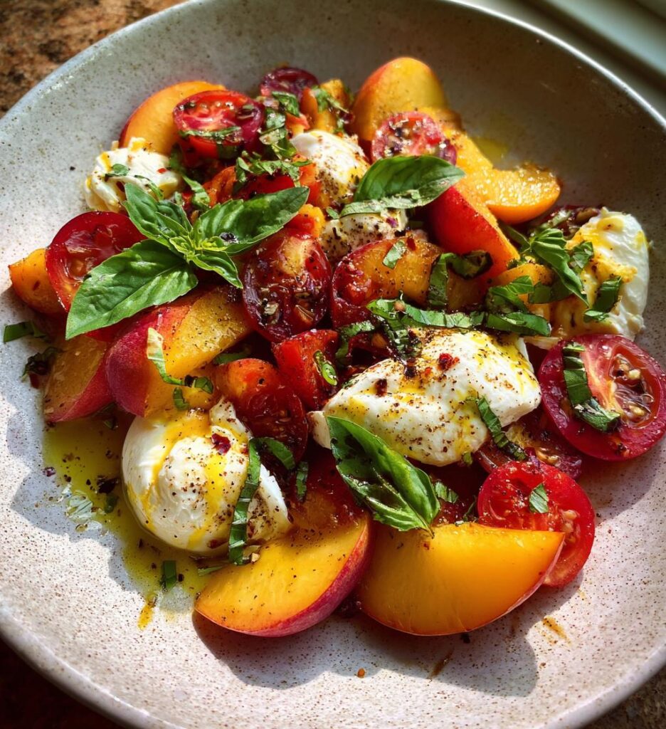 Tomato Peach Burrata Salad