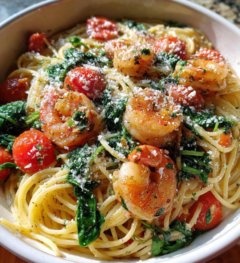 Tomato Spinach Shrimp Pasta