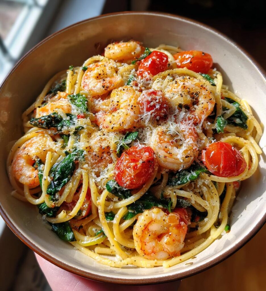 Tomato Spinach Shrimp Pasta