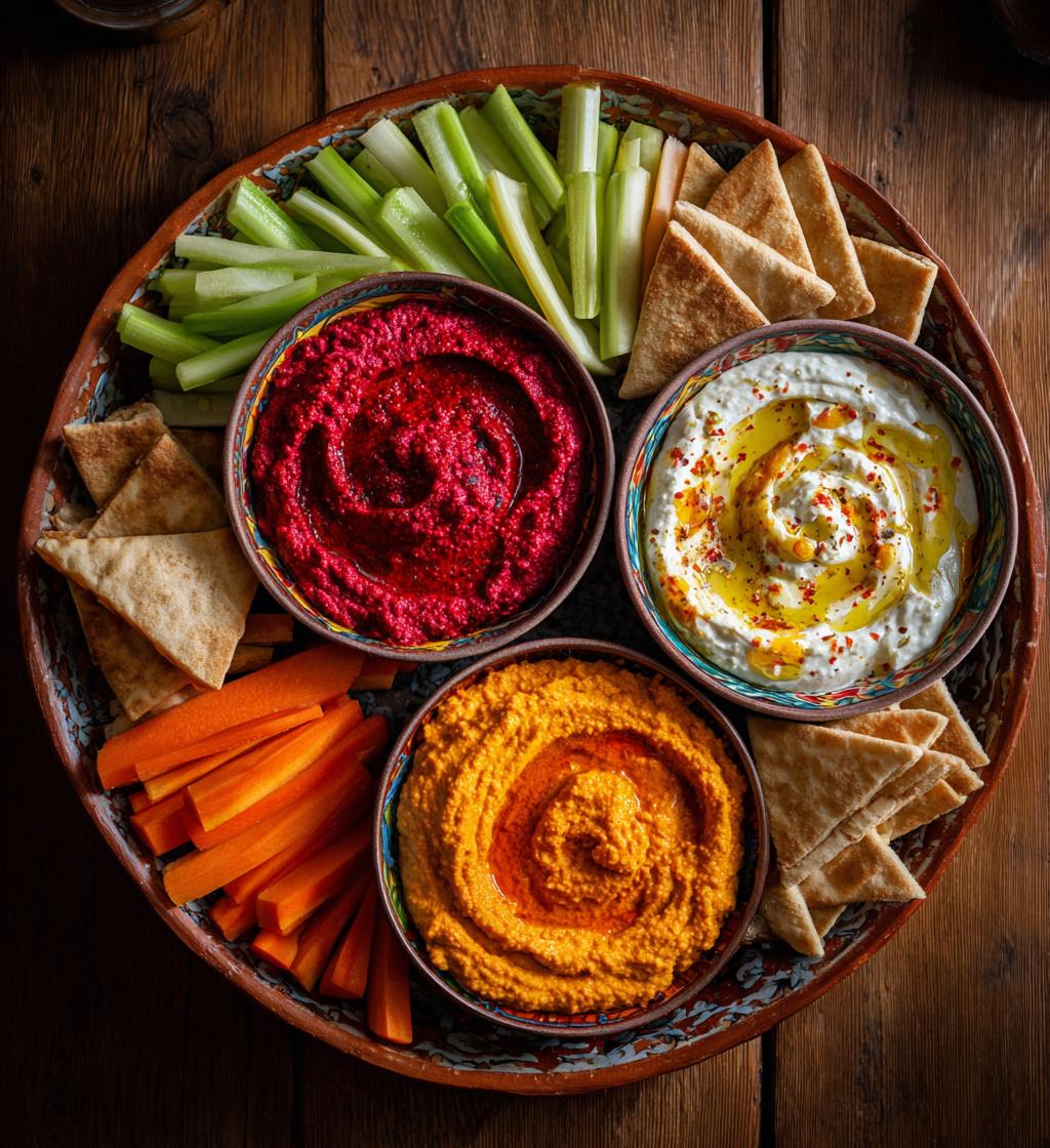 Tricolore Dip Platter Muhammara Hummus Tzatziki