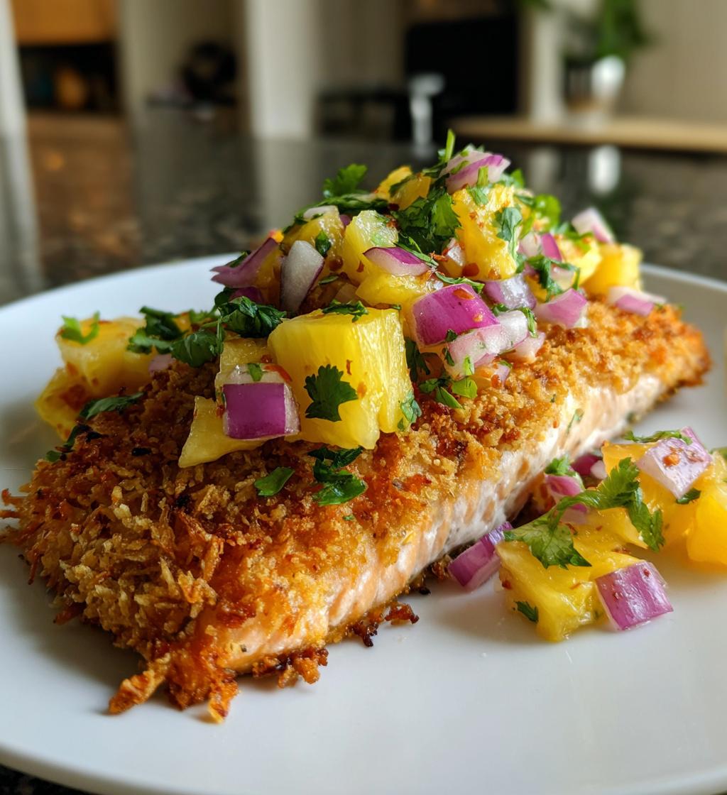 Tropical Coconut Crusted Salmon with Pineapple Salsa - detail 1