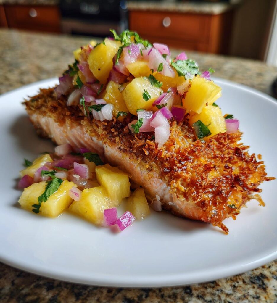 Tropical Coconut Crusted Salmon with Pineapple Salsa