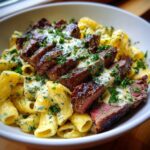 Cheesy Garlic Butter Steak with Rigatoni in Four-Cheese Sauce