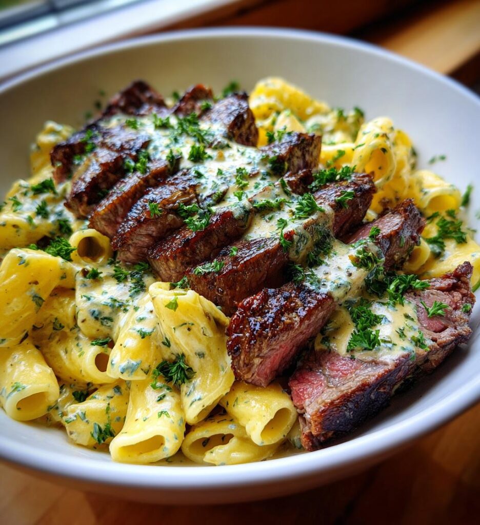 Cheesy Garlic Butter Steak with Rigatoni in Four-Cheese Sauce