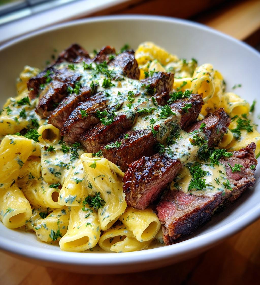 Cheesy Garlic Butter Steak with Rigatoni in Four-Cheese Sauce