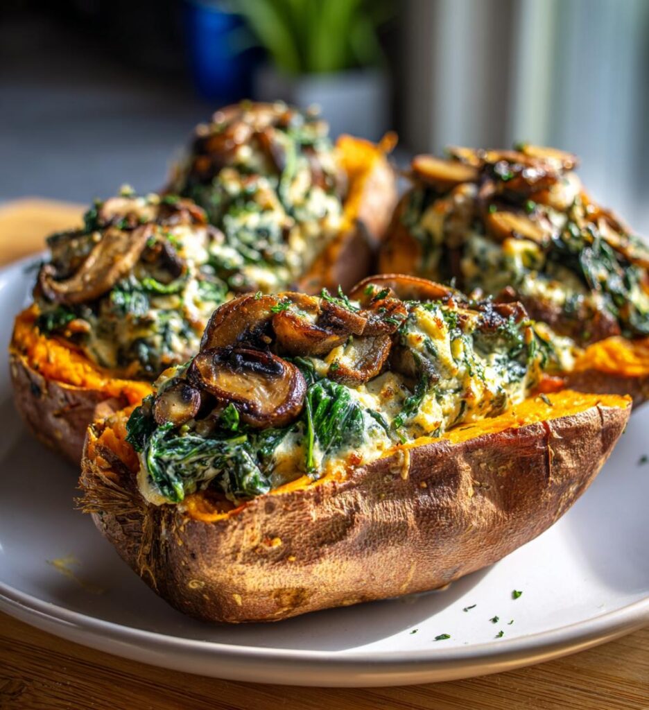 Creamy Mushroom Spinach Stuffed Sweet Potatoes