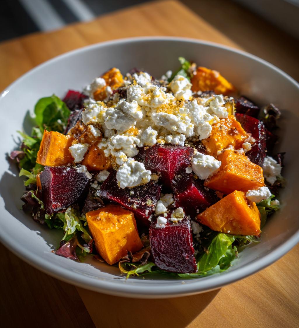 Creamy Roasted Beet Salad with Sweet Potato & Feta