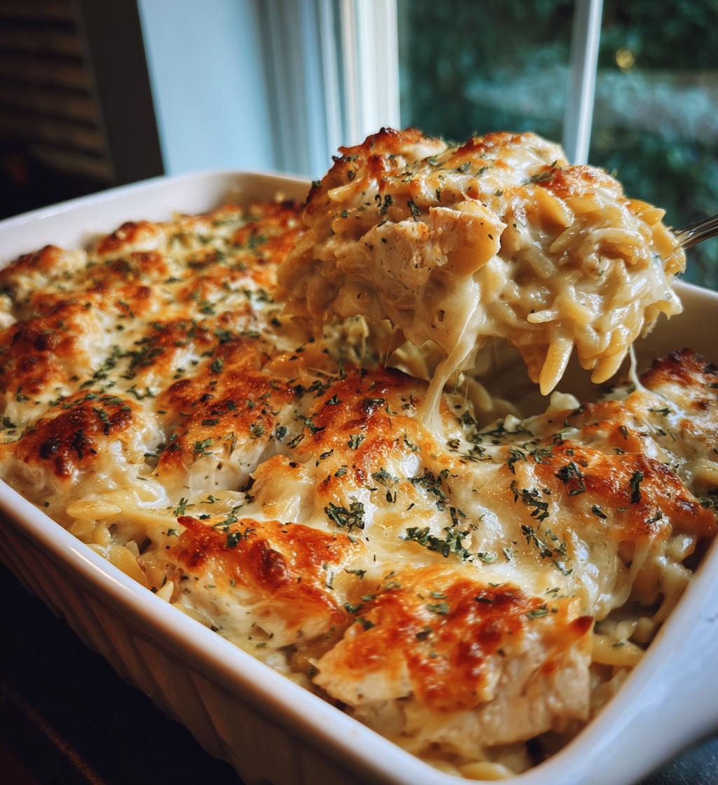 French Onion Chicken Orzo Casserole