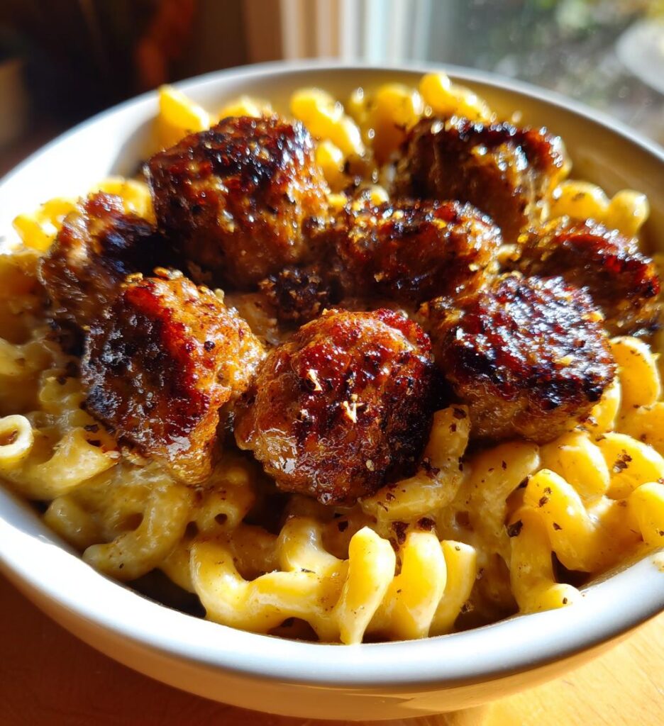 Garlic Butter Beef Sausage Bites with Creamy Parmesan Pasta