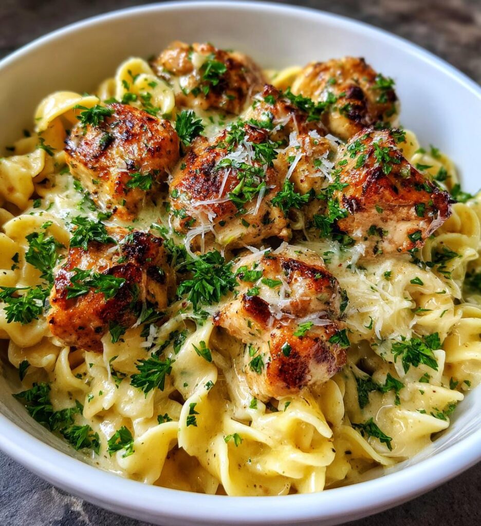 Garlic Butter Chicken Bites with Savory Creamy Parmesan Pasta