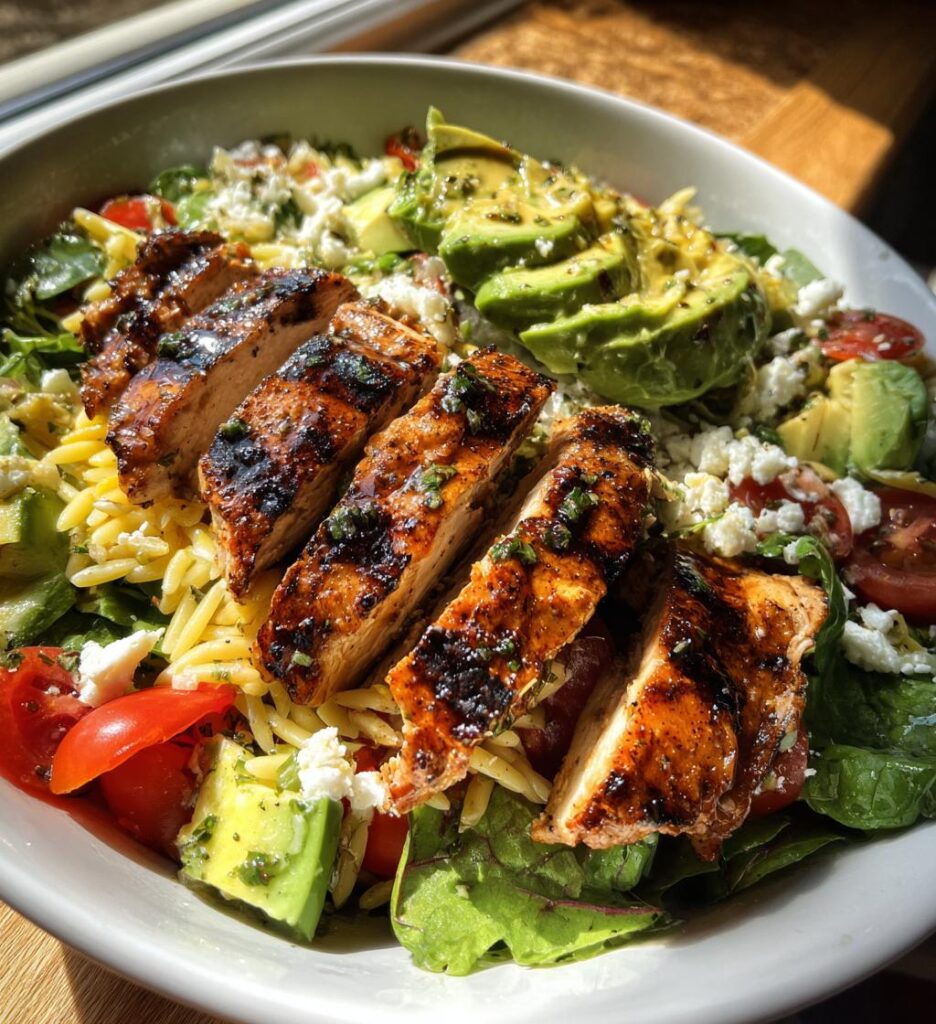 Grilled Lemon Herb Chicken Avocado Orzo Salad