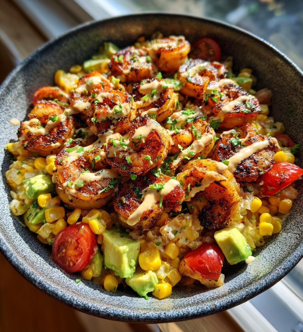 Grilled Shrimp Bowl with Avocado Corn Salsa Creamy Garlic Sauce - detail 1