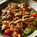 Grilled Shrimp Bowl with Avocado Corn Salsa Creamy Garlic Sauce