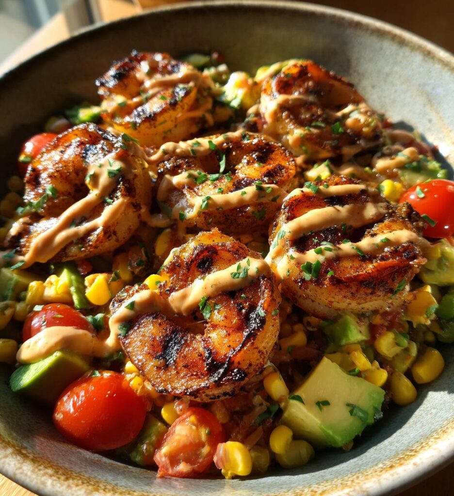 Grilled Shrimp Bowl with Avocado Corn Salsa Creamy Garlic Sauce