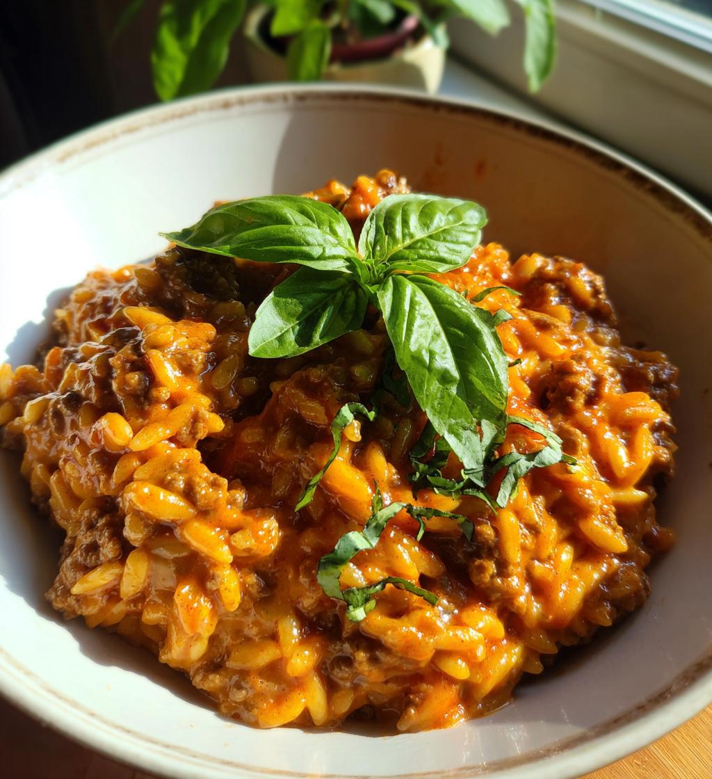 Ground Beef Orzo with Tomato Cream Sauce