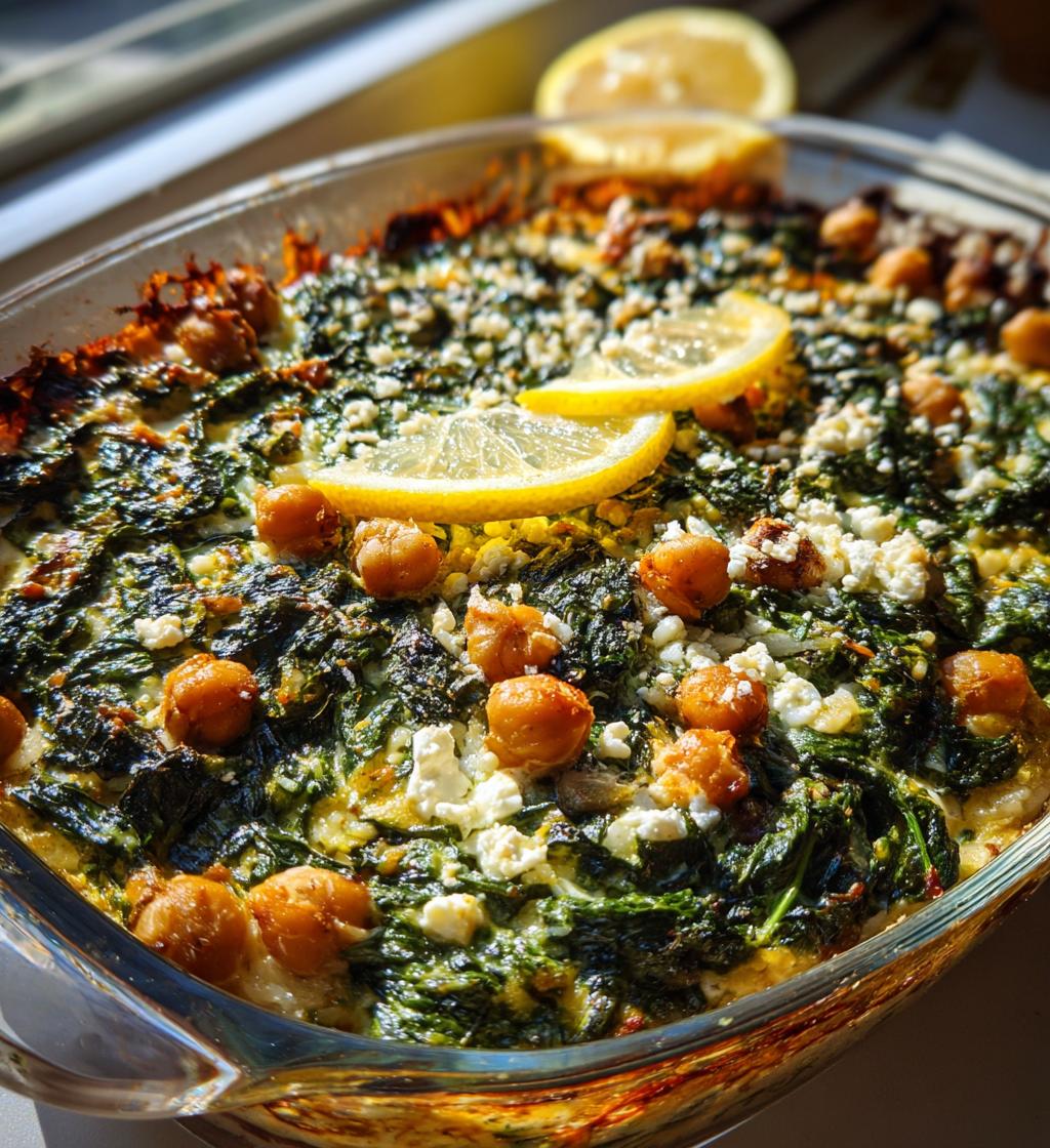 Lemony Spinach Feta Rice Casserole with Chickpeas