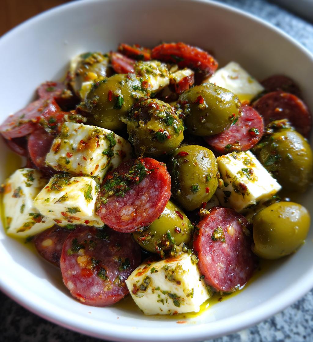 Marinated Cheese Appetizer With Salami Green Olives - detail 1