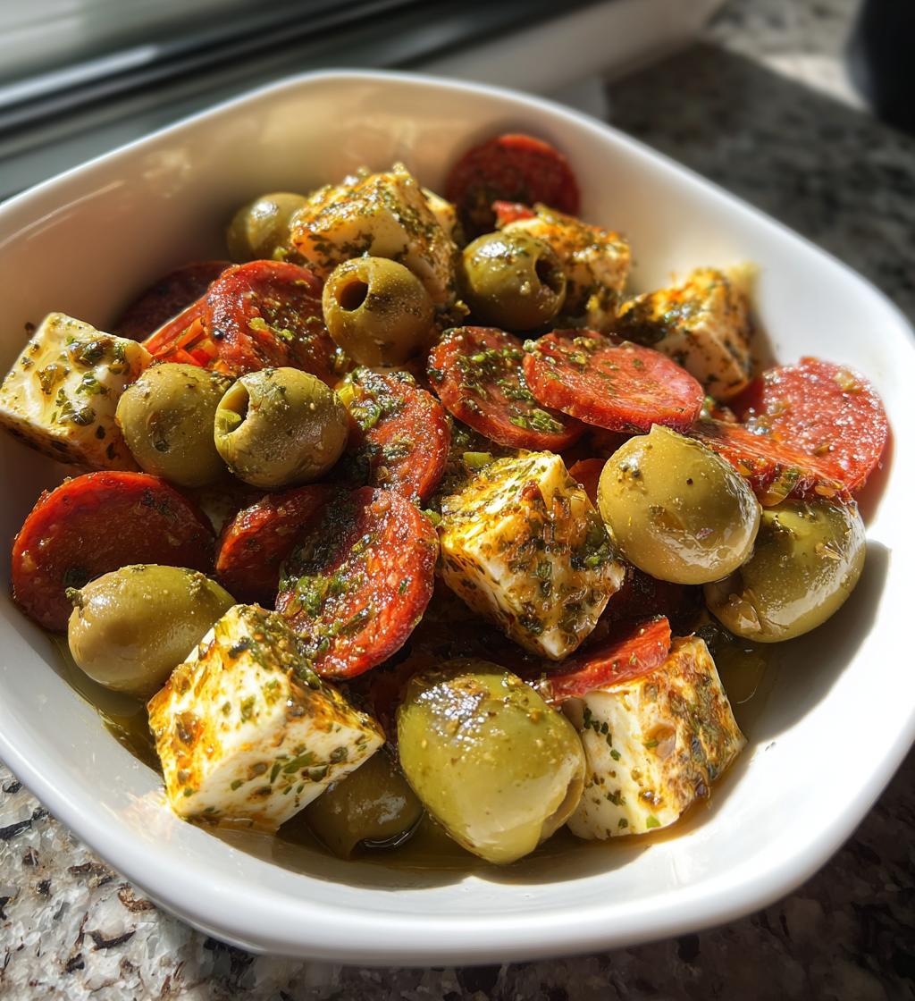 Marinated Cheese Appetizer With Salami Green Olives