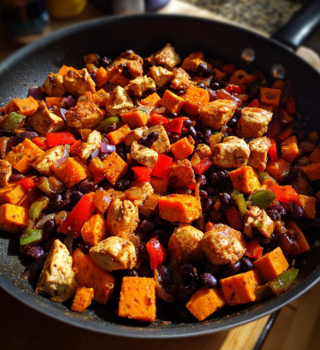 Mexican Chicken, Sweet Potato, and Black Bean Skillet