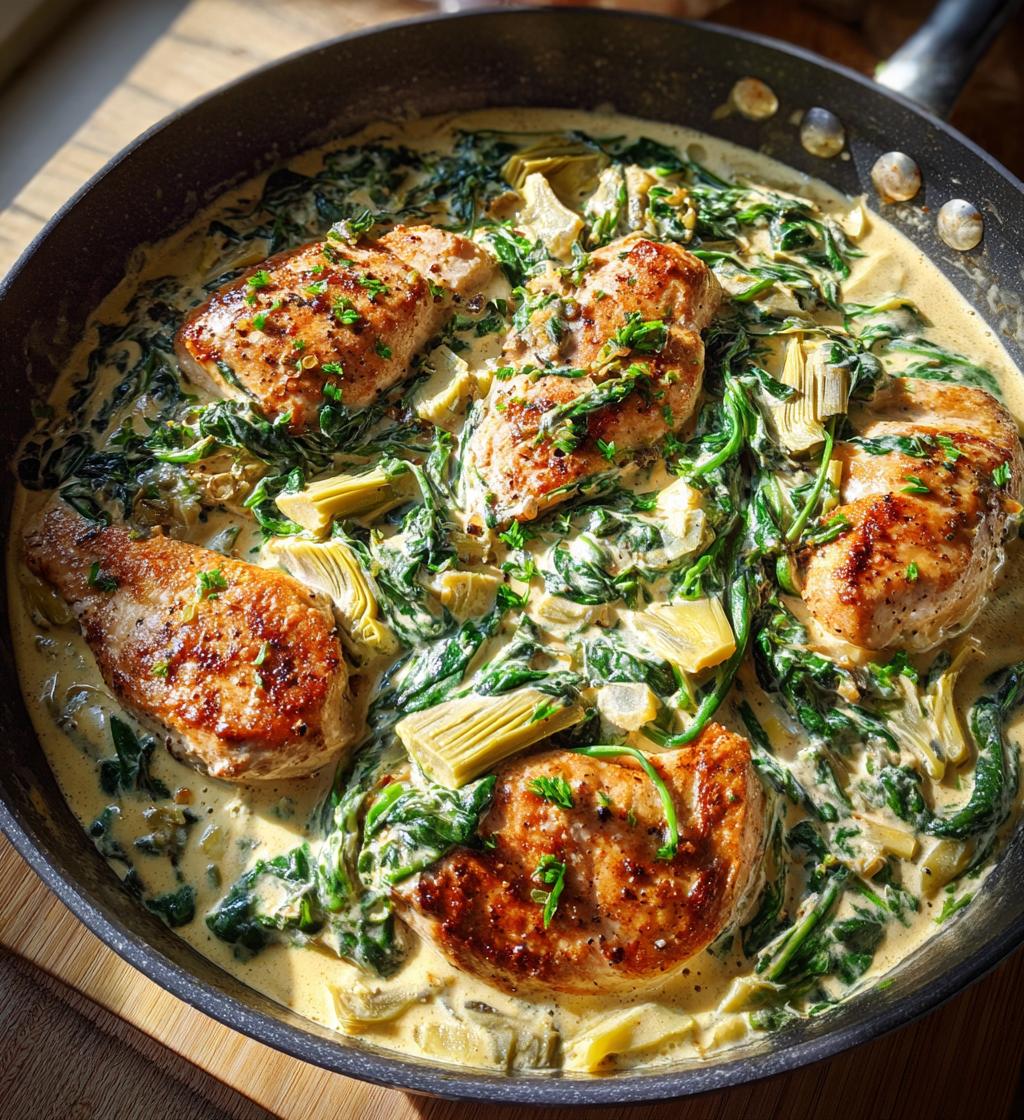 One Pan Creamy Spinach Artichoke Chicken